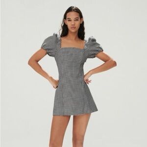 ZARA gingham puff sleeve dress L black and white